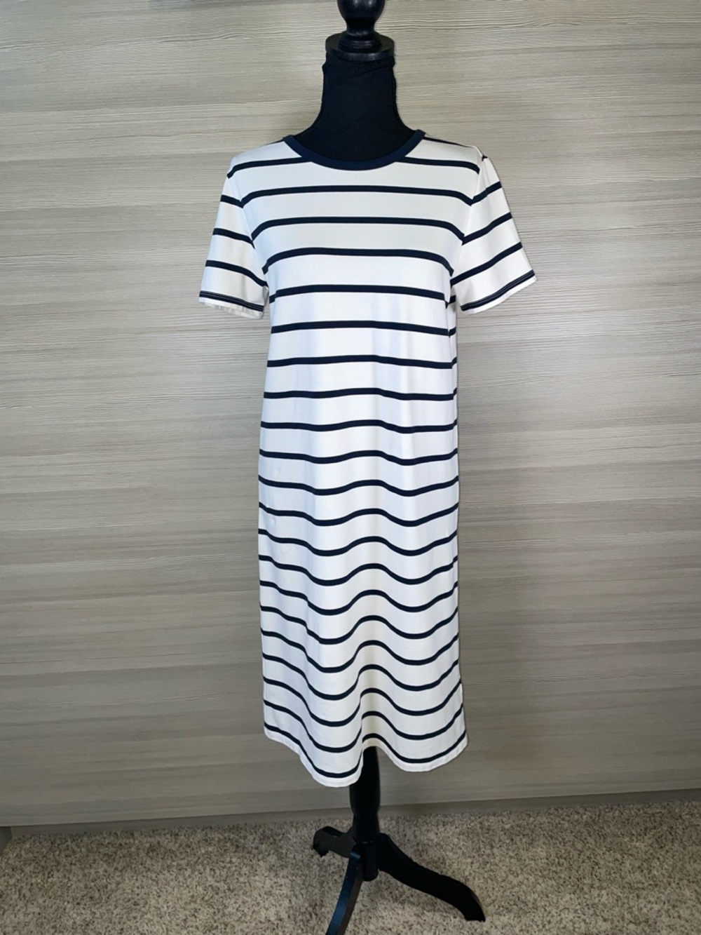 Athleta Cotton Navy & White Striped Short Sleeve Tee-Shirt Midi Dress Size Small